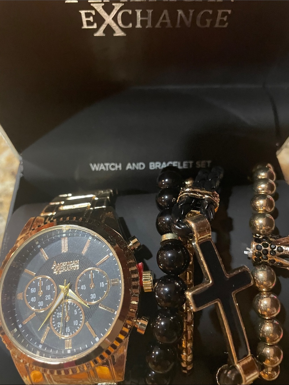 American Exchange Gold and Black Chronograph Watch with Bracelet Set